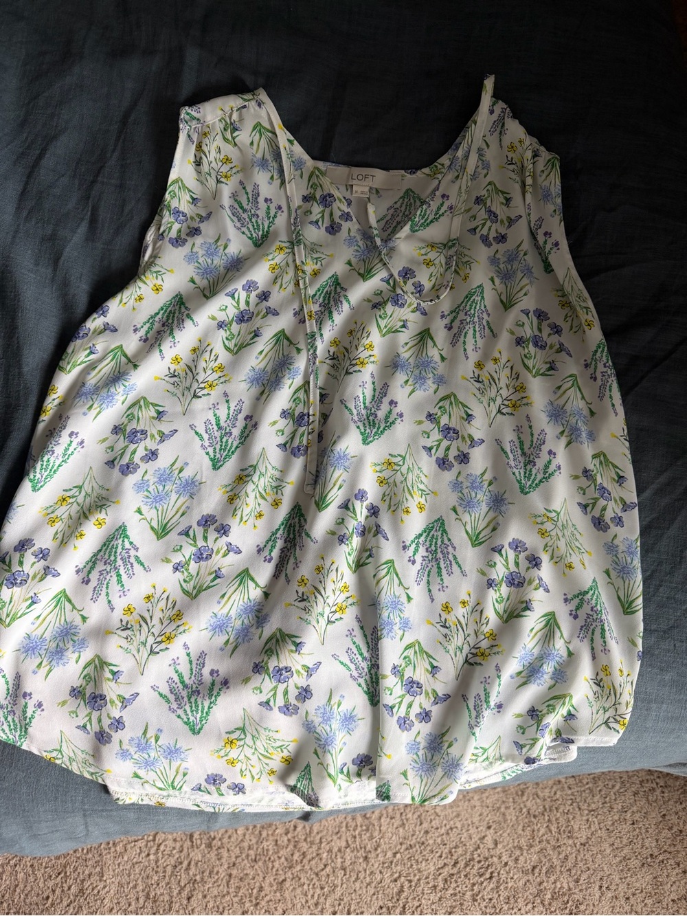 LOFT White Floral Tank Top with Blue, Green & Yellow Print